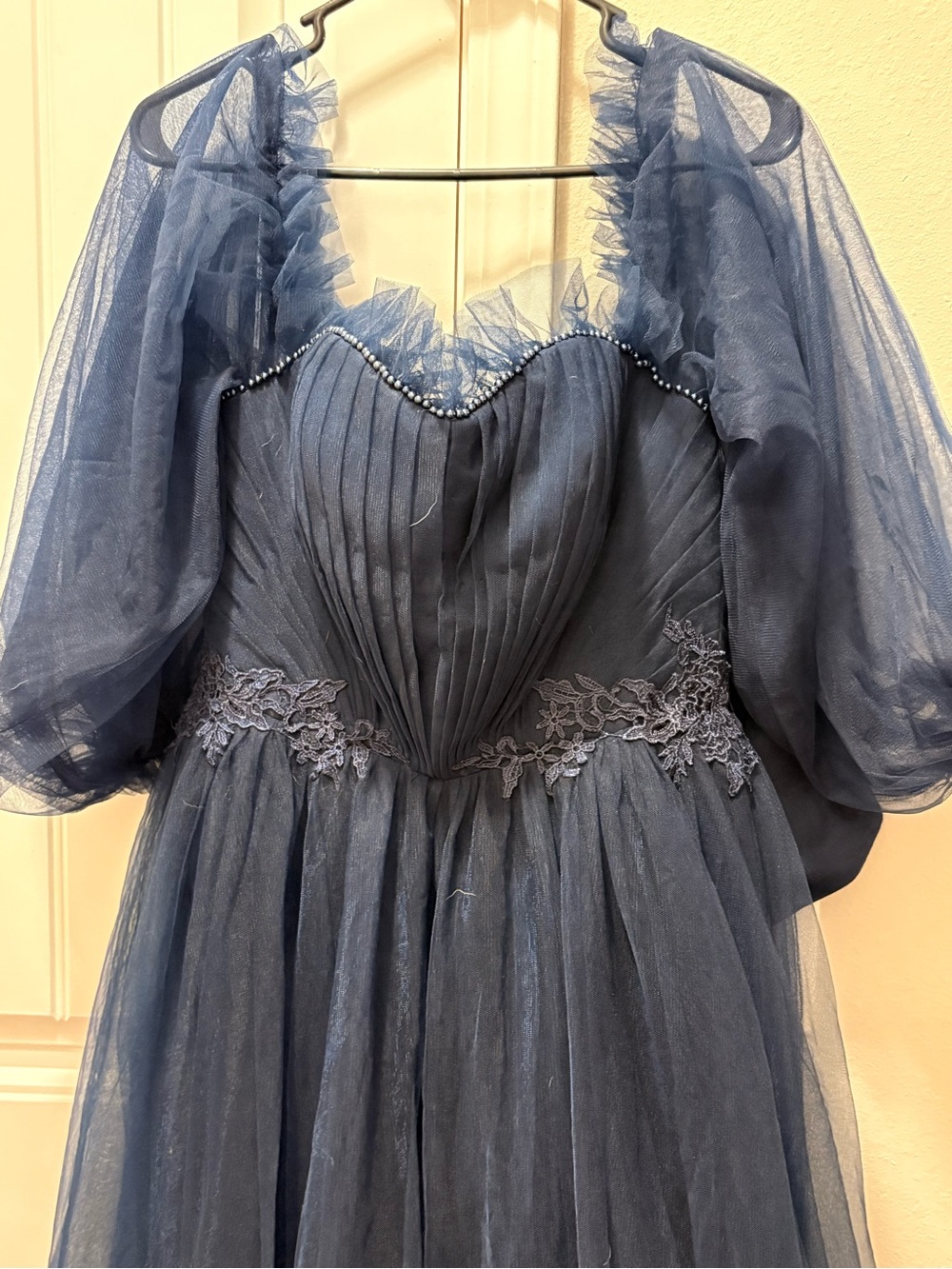 Amazon Navy Blue Tulle Prom Dress with Puffy Sleeves